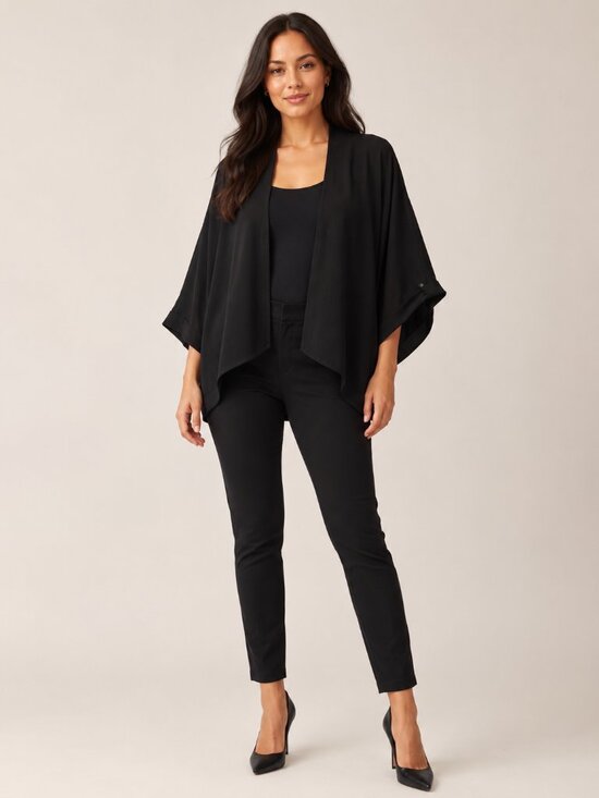 Rain Tops - RAIN Black Open Front Cocoon Cardigan Topper Size L 100% Viscose Batwing Kimono